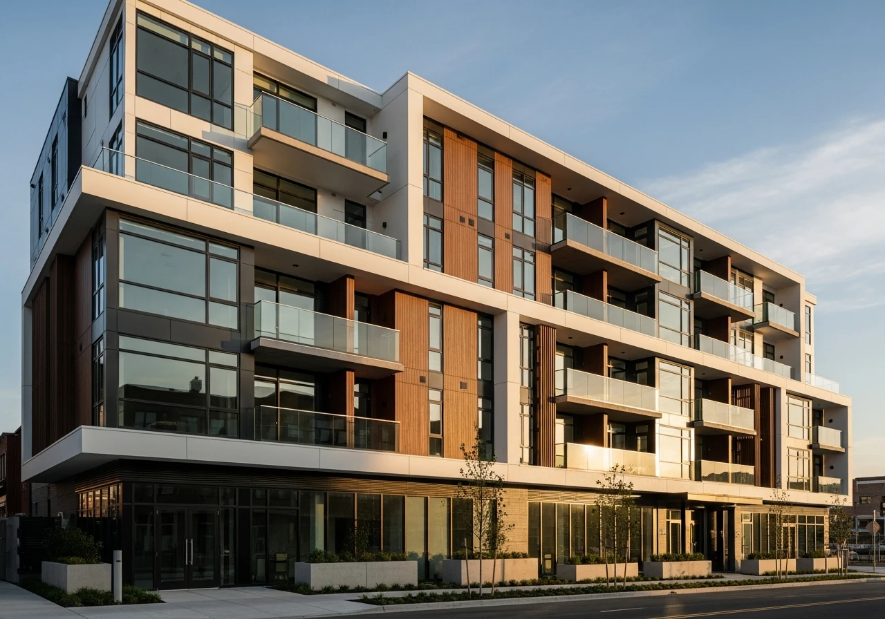 Modern multifamily apartment building exterior used to introduce AAOA enterprise tenant screening for multifamily portfolios