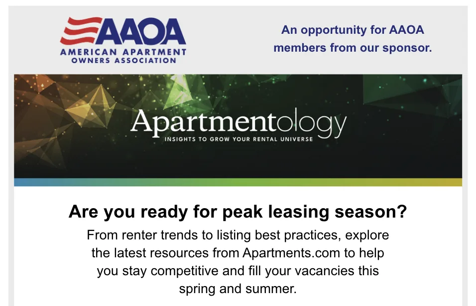 Apartmentology dedicated email sent to AAOA members
