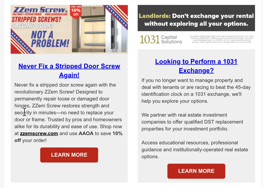 Sponsored column placements in AAOA newsletter