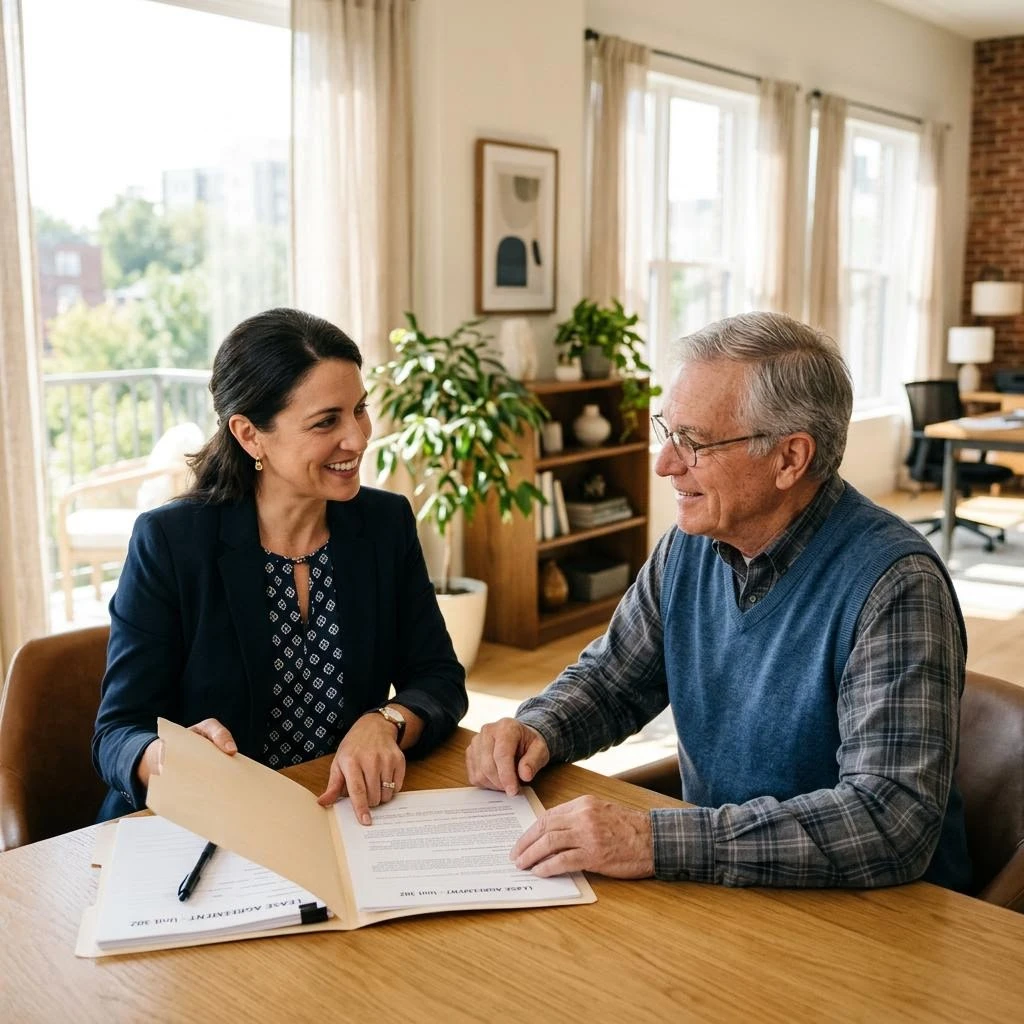 Property manager helping a rental owner review a lease folder