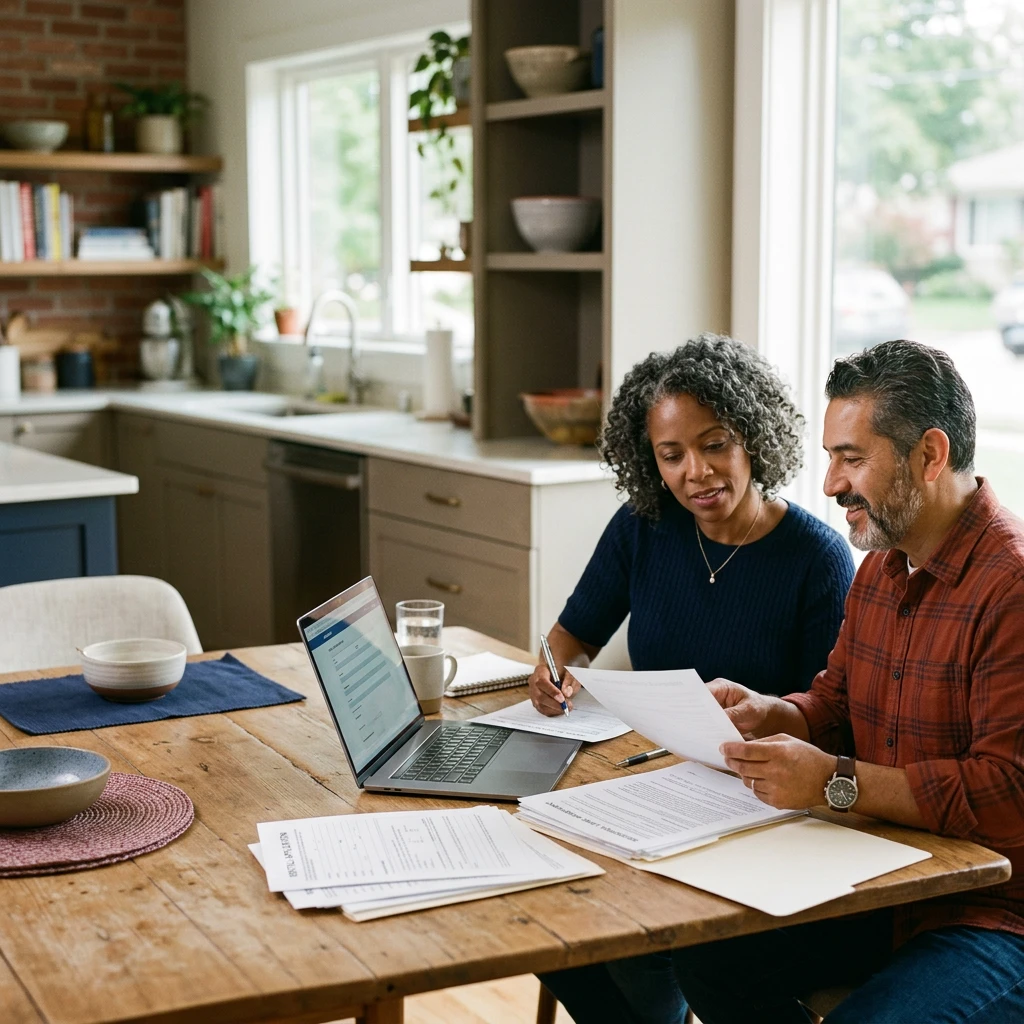 Landlords reviewing rental property paperwork together